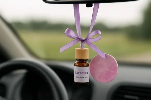 Frasco de óleo essencial de lavanda com tampa de madeira e fita lilás, pendurado no retrovisor de um carro ao lado de um aromatizador redondo rosa.