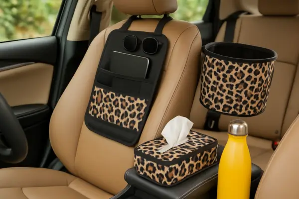 Detalhes de organização com estilo no carro: acessórios criativos que unem charme e funcionalidade no interior veicular feminino.