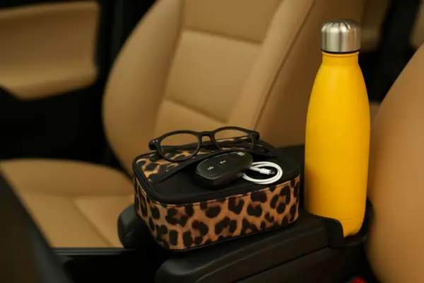 Organizadores de bolso no carro com itens essenciais bem acomodados, como maquiagem, moedas e objetos pequenos, combinando praticidade e elegância em um interior feminino.