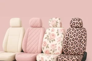 Capas de banco automotivas femininas em tons suaves, com designs florais, acolchoados e animal print, sobre fundo rosa, com o título “Tendências 2025: As Capas Automotivas Femininas Mais Desejadas do Ano