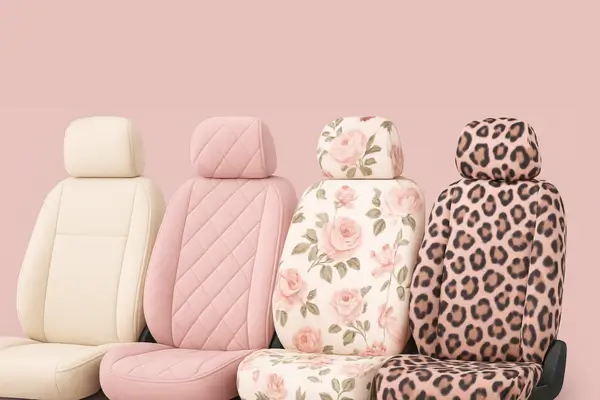 Capas de banco automotivas femininas em tons suaves, com designs florais, acolchoados e animal print, sobre fundo rosa, com o título “Tendências 2025: As Capas Automotivas Femininas Mais Desejadas do Ano