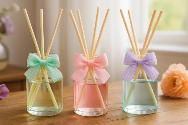 Três aromatizadores em frascos de vidro decorados com laços femininos em tons pastel sobre uma mesa de madeira.