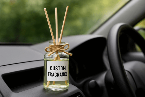 Difusor de aroma artesanal em frasco de vidro, com varetas, em um ambiente feminino iluminado.