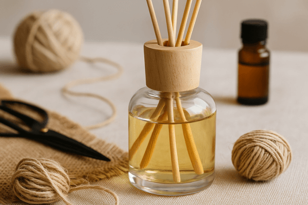 Aromatizador artesanal com varetas ao lado de flores secas e elementos decorativos femininos.