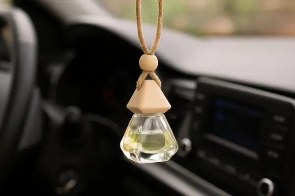 Aromatizador artesanal pendurado no retrovisor de um carro, com frasco de vidro e tampa de madeira.